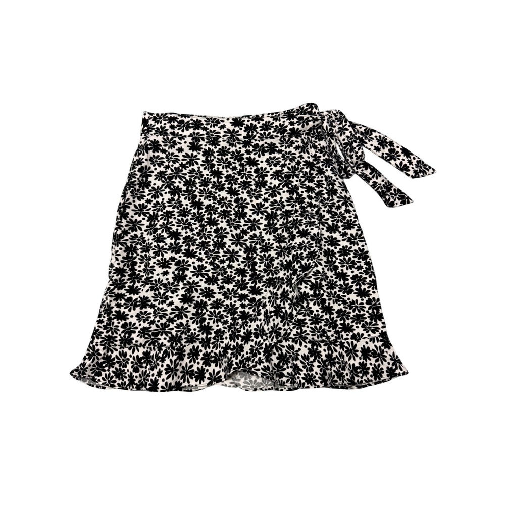 Loft Petites Black White Floral Ruffle Wrap Mini Skirt Size 00P Viscose Linen